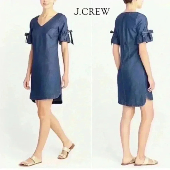 J Crew Chambray Short Ruffle Sleeve Denim Shift Mini Dress Size XS - Picture 1 of 9